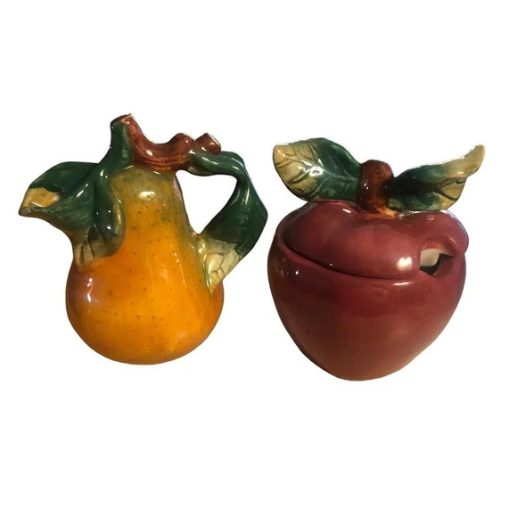 SAKURA Apple & Pear Sugar and Creamer Set Fall Thanksgiving Autumn Dinnerware - Picture 1 of 7
